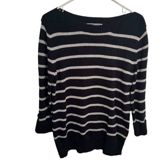 Karen Scott Boatneck Sweater Black Silver Stripes M - Picture 1 of 10